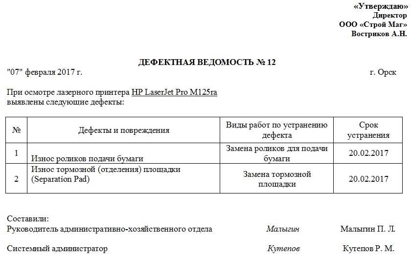 Дефектный акт: образец заполнения ведомости