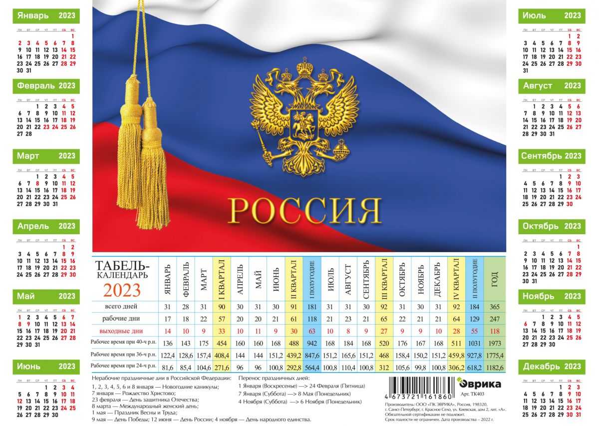 Производственный календарь на 2024 год (для пятидневной рабочей недели)