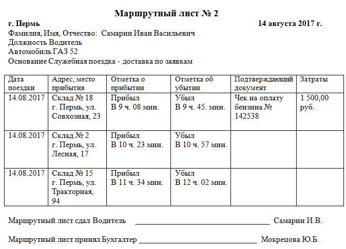 Маршрутный лист