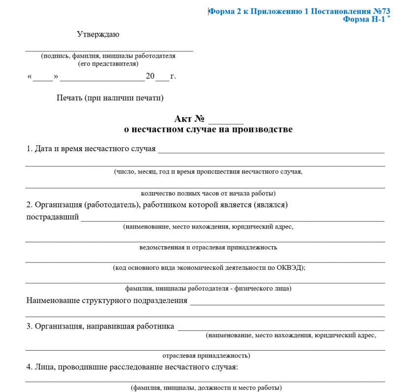 Акт о несчастном случае на производстве форма н-1 скачать бланк