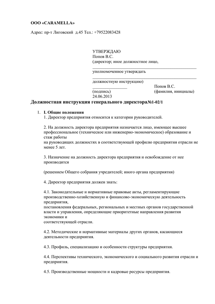 Должностная инструкция генерального директора и его заместителя ооо - скачать образец