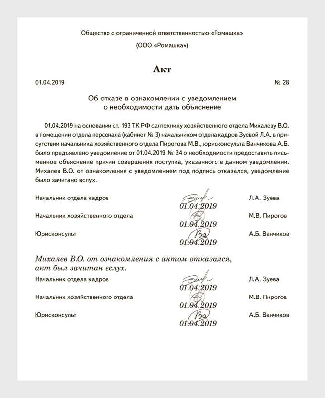 Акт об отказе ознакомления с приказом — образец, бланк 2023 года