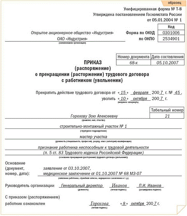 Как происходит увольнение по медицинскому заключению согласно тк рф