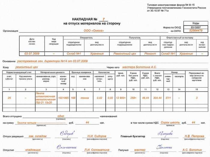 Накладная на отпуск материалов на сторону по форме м-15: образец и бланк - юридический советникъ