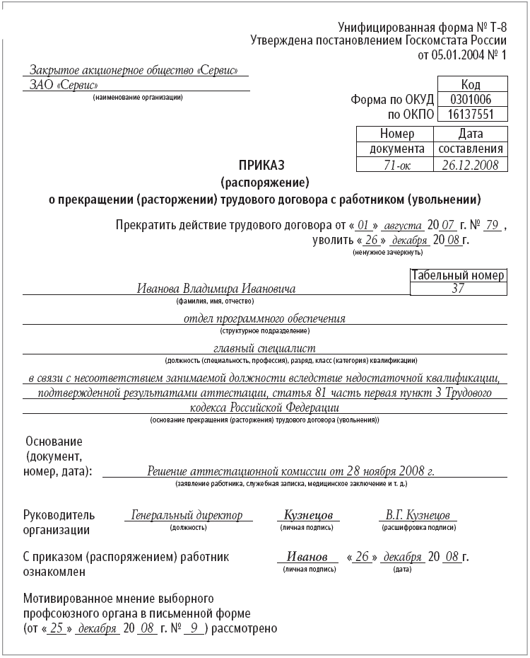 Как составить приказ об увольнении по собственному желанию