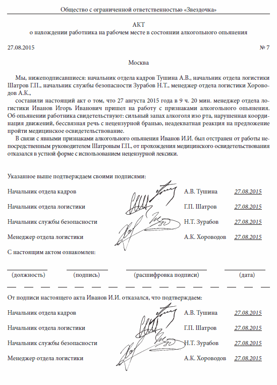 Акт освидетельствования на алкоголь на рабочем месте
