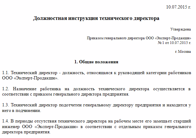 Должностная инструкция технического директора — образец 2018