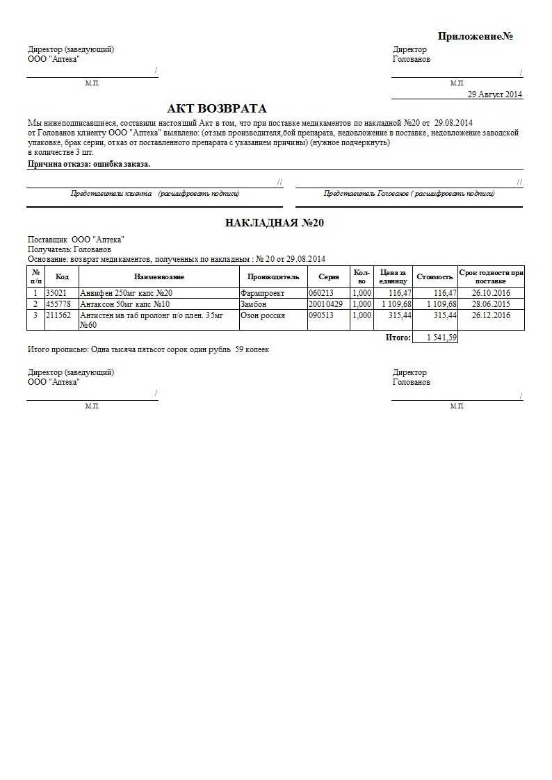 Образец акта возврата товара поставщику