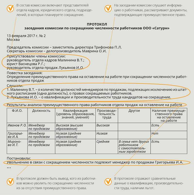 Протокол заседания комиссии по вопросу определения работников, обладающих преимущественным правом на оставление на работе и не подлежащих увольнению при сокращении численности (образец заполнения) 2024 - скачать образец
