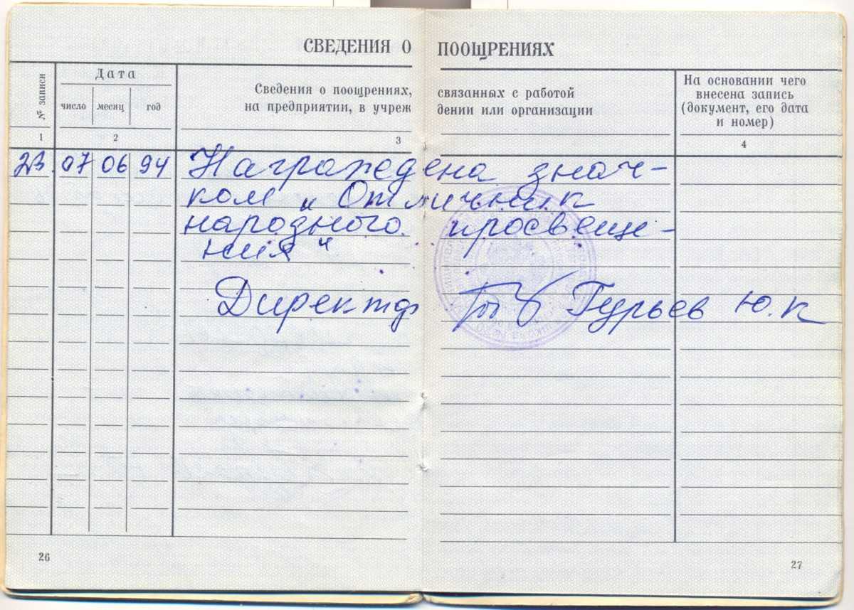 Какие награждения заносятся в трудовую книжку
