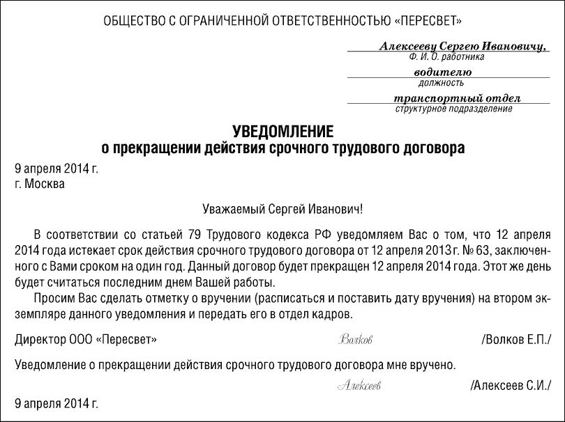 Требования к уведомлению о прекращении трудового договора — трудовая помощь