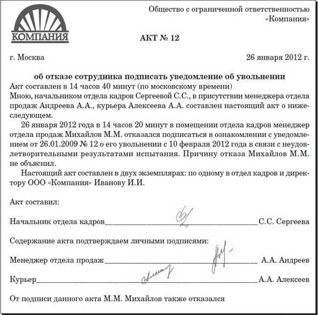 Акт о невозможности ознакомить сотрудника с приказом