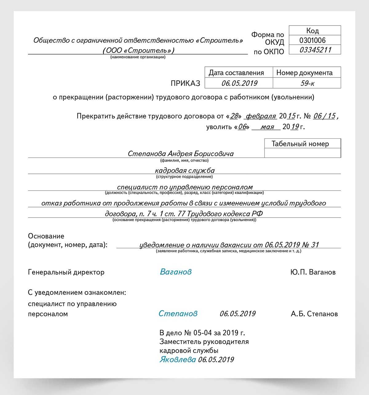 Расторжение срочного трудового договора по инициативе работника: приказ (2024 год)