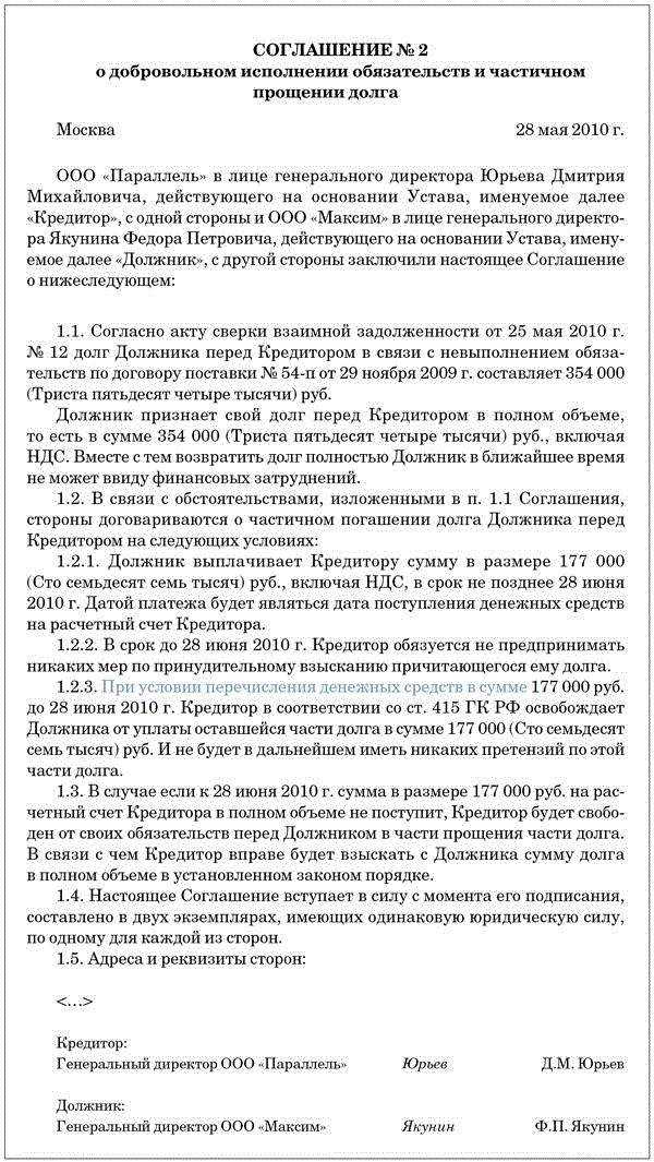 Соглашение о прощении долга
