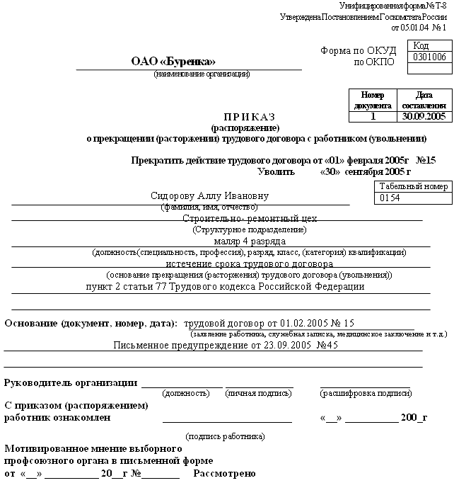 Порядок увольнения по срочному трудовому договору в соответствии с тк рф