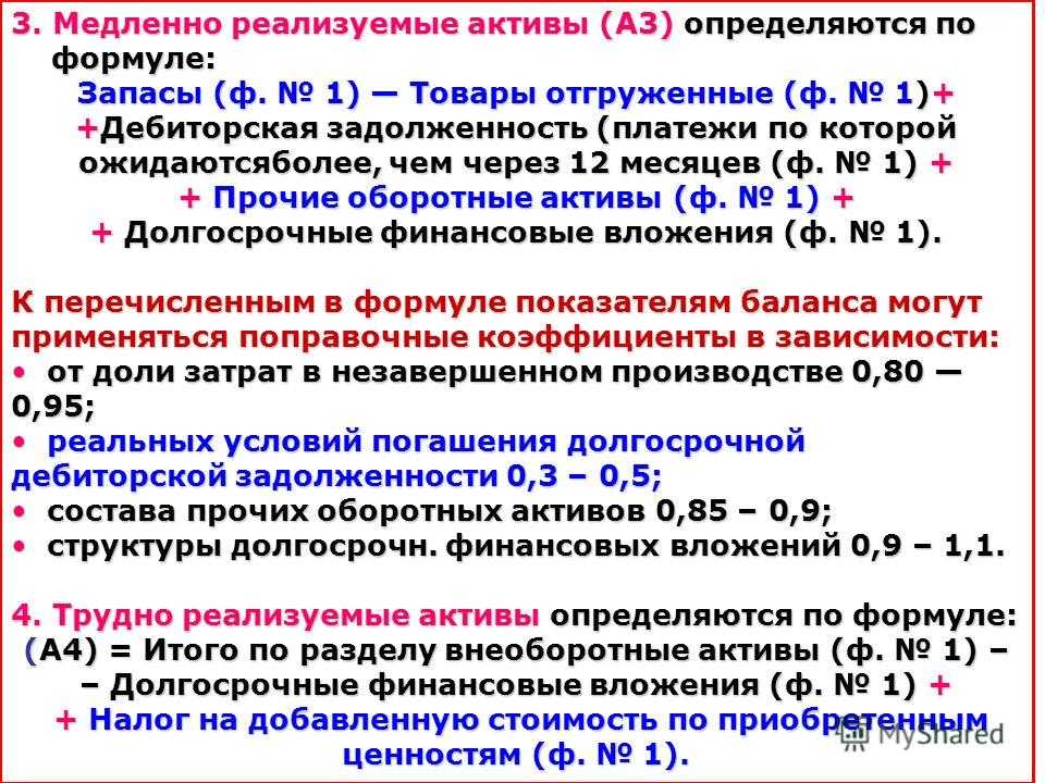 Медленно реализуемые активы. формула расчета по балансу