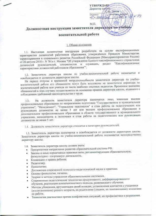 Должностная инструкция заместителя директора по вр