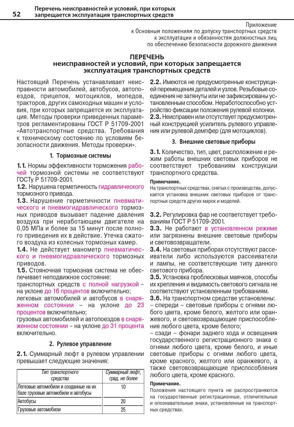 Перечень неисправностей и условий, при которых запрещается эксплуатация транспортных средств