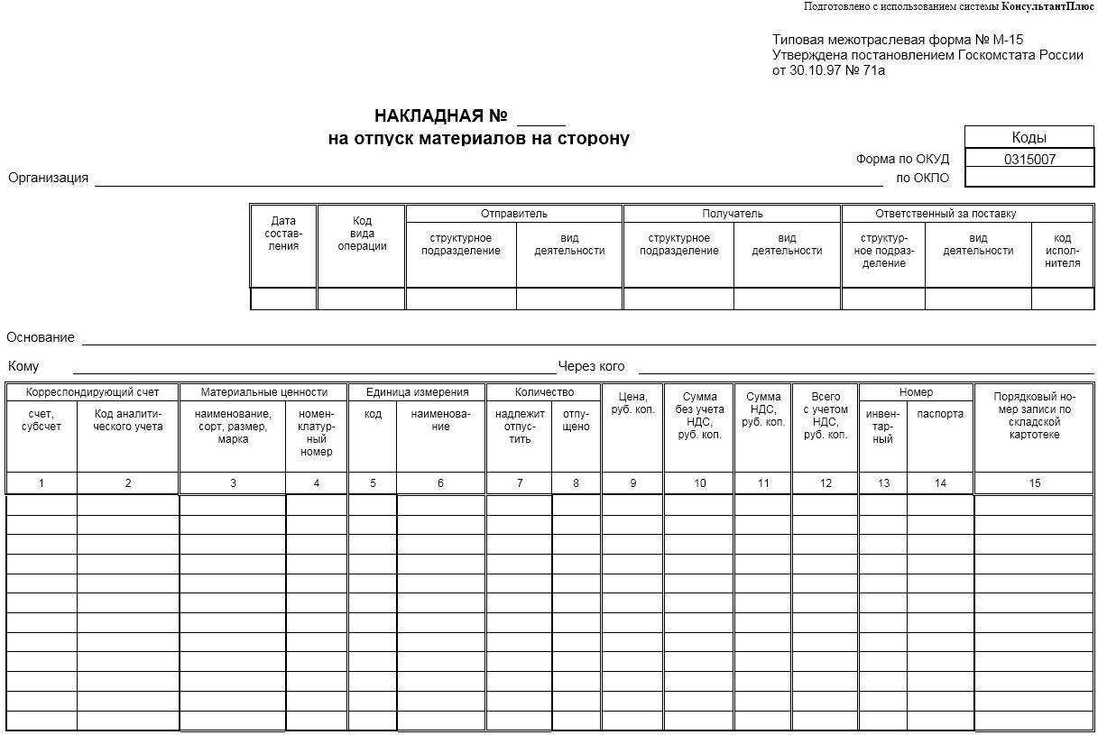 Форма м-15. накладная на отпуск материалов на сторону. образец 2024