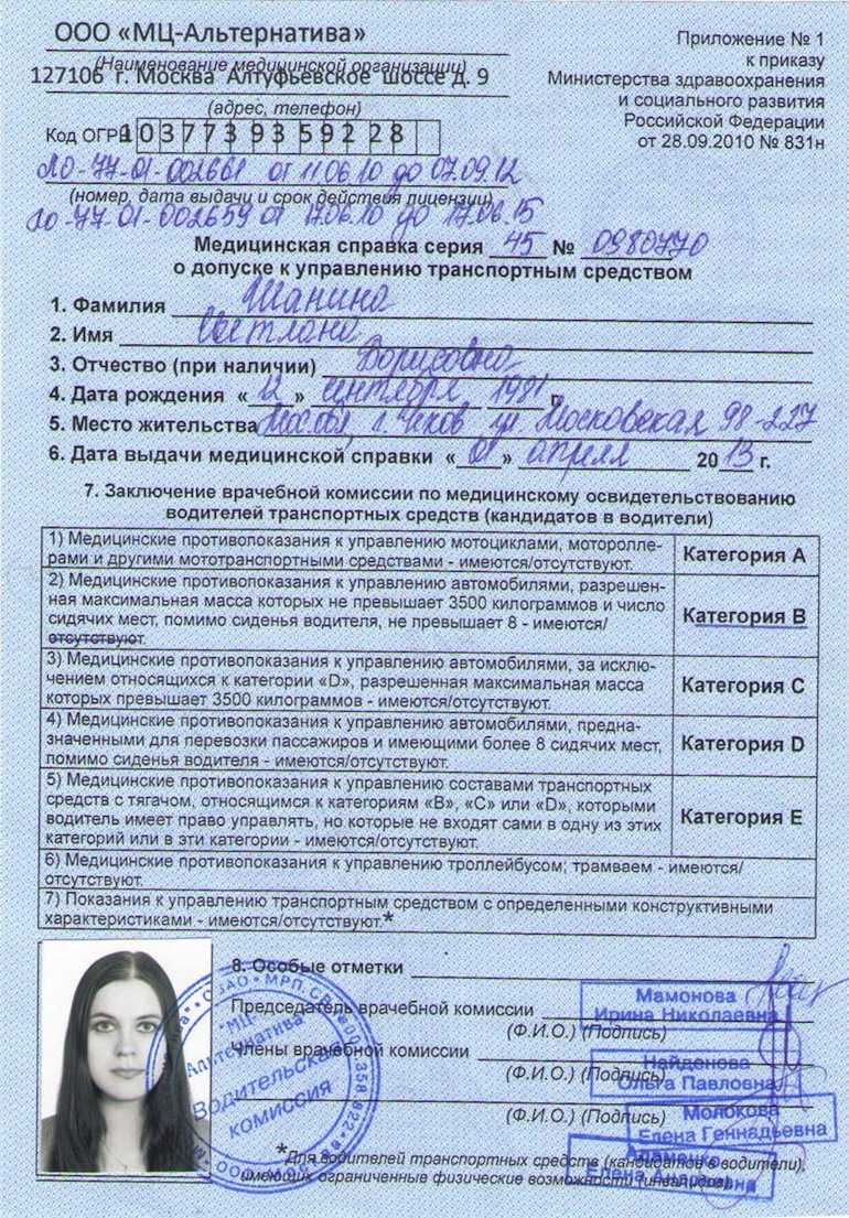 Медицинская справка для гибдд для замены прав в 2024 году
