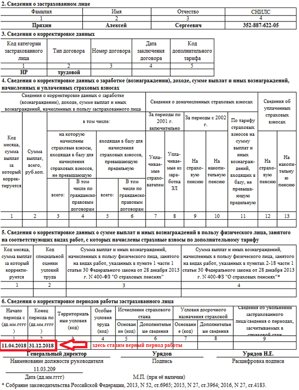 Сзв корр, пример и образец заполнения, корректировка сведений в пфр
