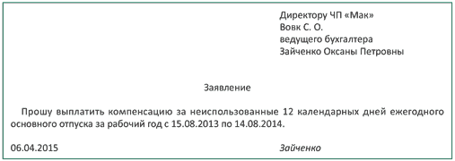 Заявление на компенсацию неиспользованного отпуска c образцом