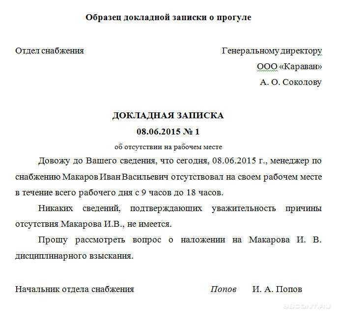 Докладная записка об отсутствии работника на рабочем месте: образец в 2024 году