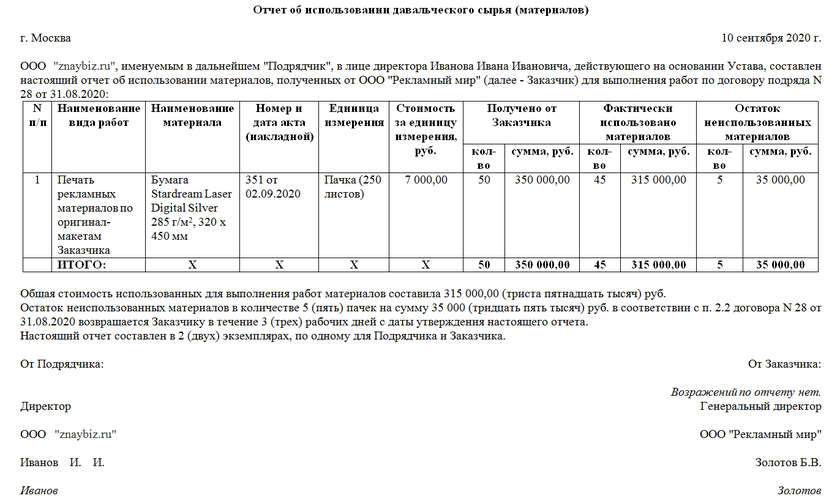 Как составить отчет об использовании давальческих материалов
