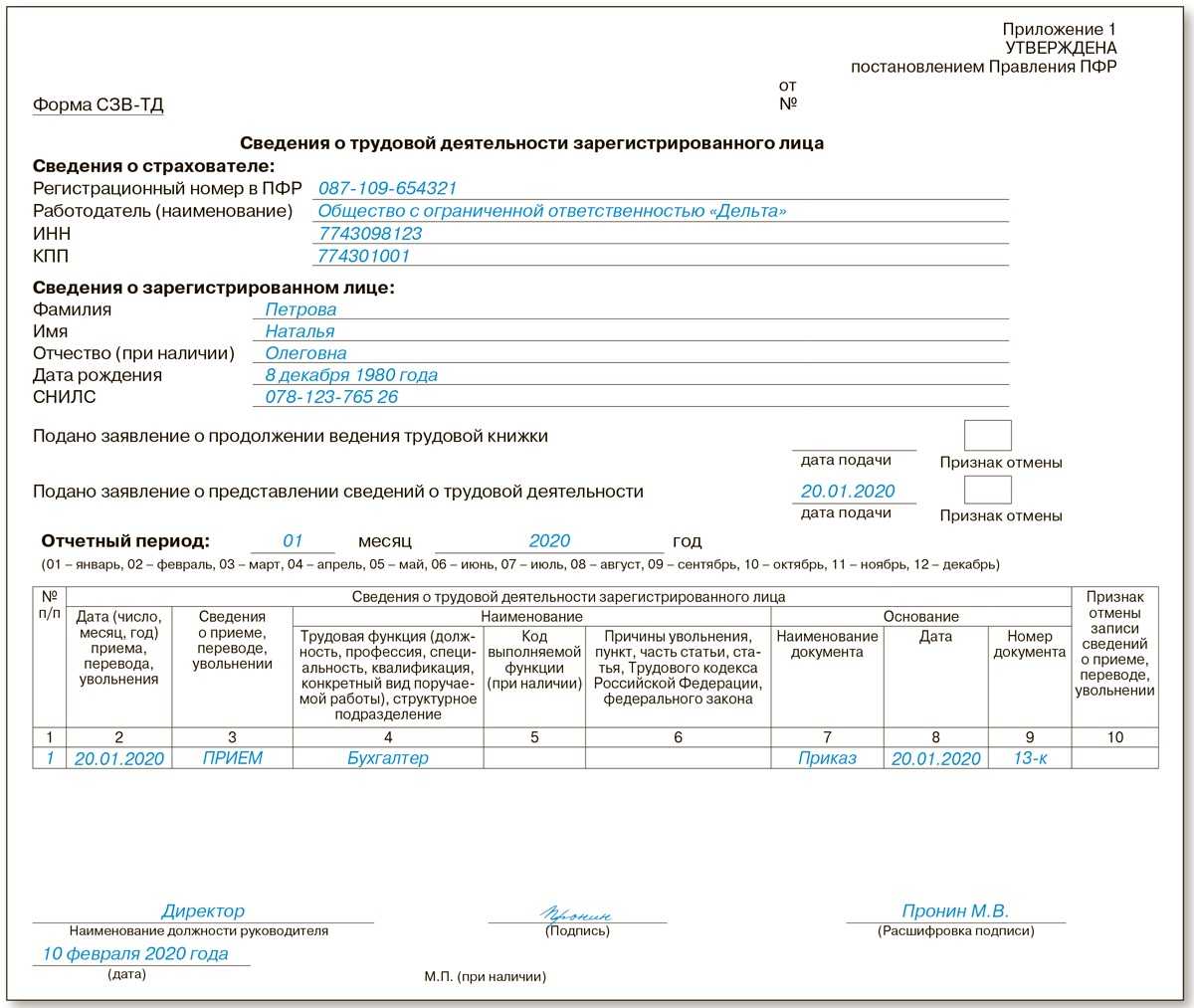 Правила заполнения формы сзв-тд при приеме на работу + образец